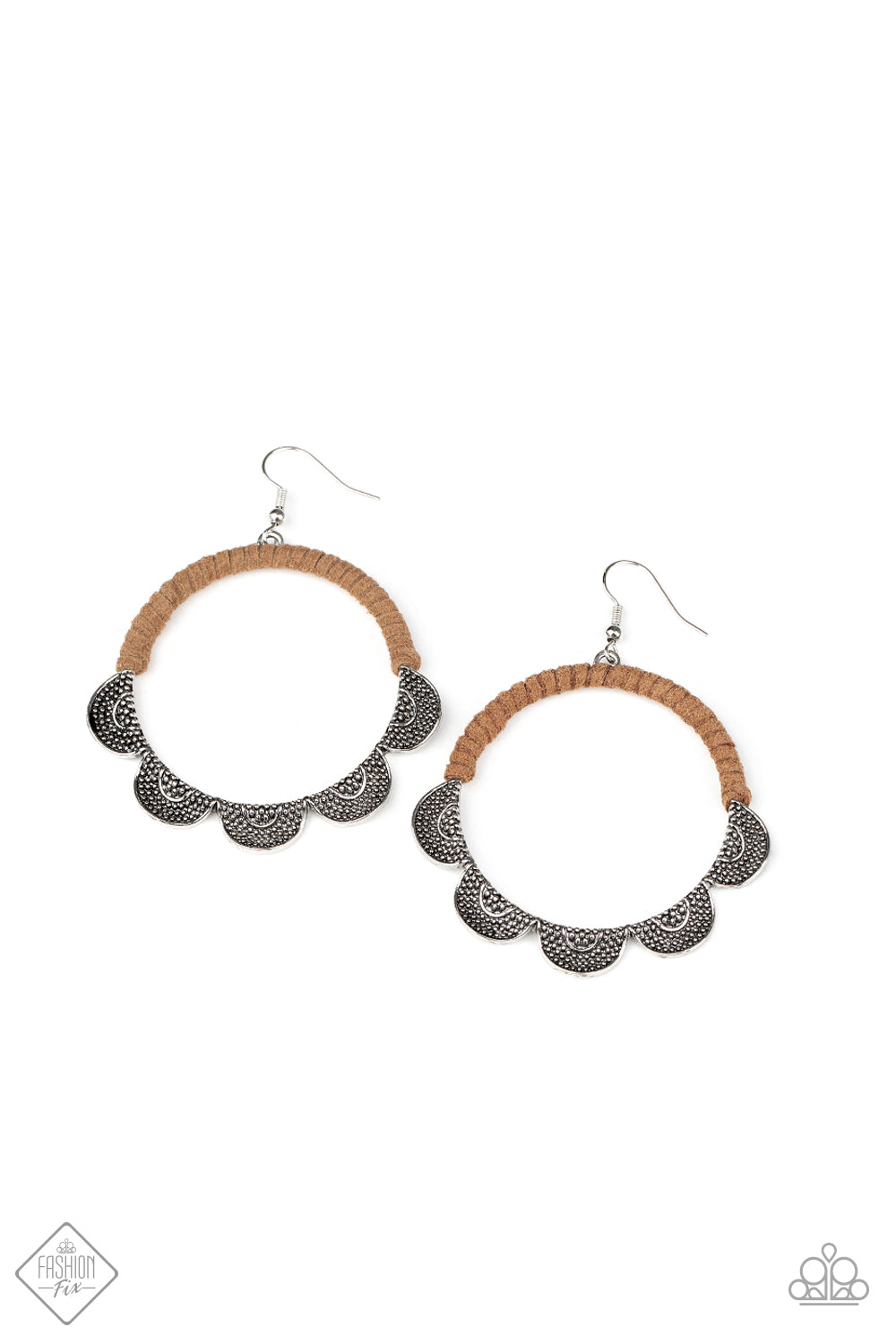 TAMBOURINE TREND - BROWN LEATHER SUEDE WRAPPED SILVER SCALLOPED FASHION FIX HOOP EARRINGS
