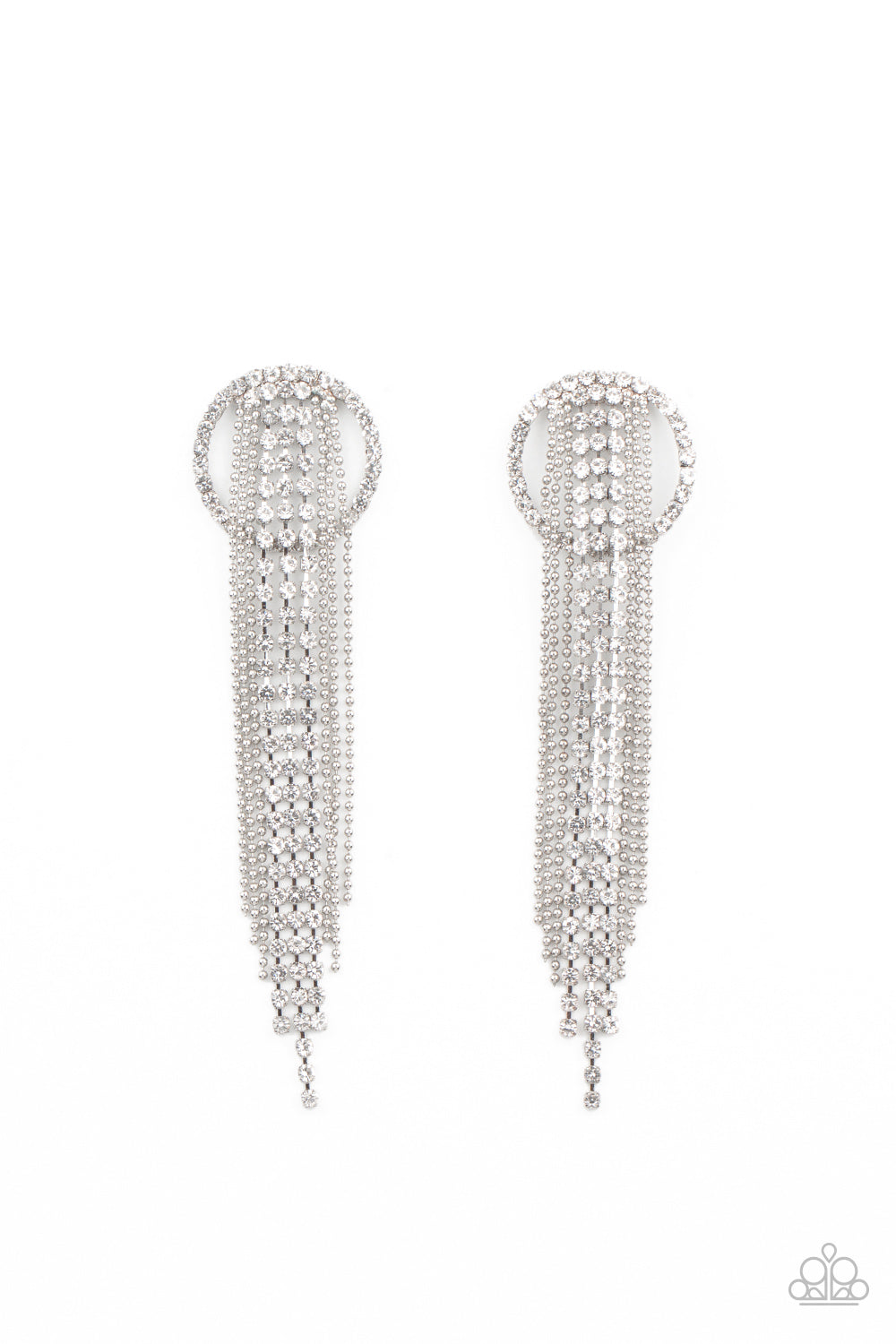 DAZZLE BY DEFAULT - WHITE RHINESTONES CIRCLE CHAINS FRINGE LIFE OF THE PARTY POST EARRINGS