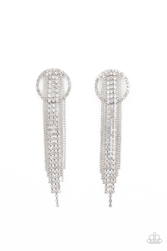 DAZZLE BY DEFAULT - WHITE RHINESTONES CIRCLE CHAINS FRINGE LIFE OF THE PARTY POST EARRINGS