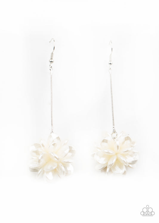 SWING BIG - WHITE PEARL FLOWER BALL SILVER CHAIN DANGLE LIFE OF THE PARTY EARRINGS