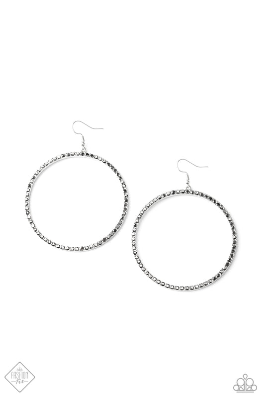 WIDE CURVES AHEAD - SILVER LARGE CIRCLE HEMATITE RHINESTONES FASHION FIX HOOP EARRINGS