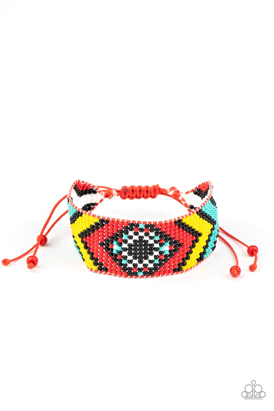 DESERT DIVE - RED TUQUOISE BLUE YELLOW BLACK WHITE TRIBAL SEED BEAD BRACELET