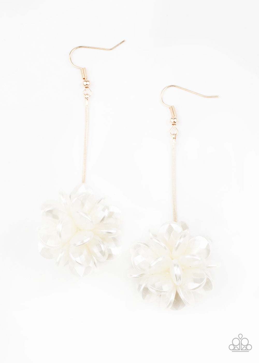 SWING BIG - GOLD CHAIN WHITE PEARLS PETALS CLUSTER DANGLE EARRINGS