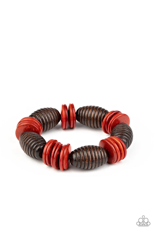 CARIBBEAN CASTAWAY - RED AND BROWN WOODEN STRETCH BRACELET