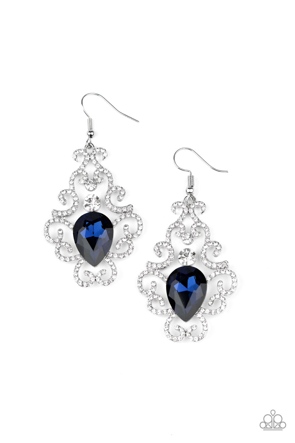 HAPPILY EVER AFTERGLOW - BLUE SAPPHIRE RHINESTONE TEARDROP CLEAR RHINESTONES FILIGREE FRAME PENDANT EARRINGS