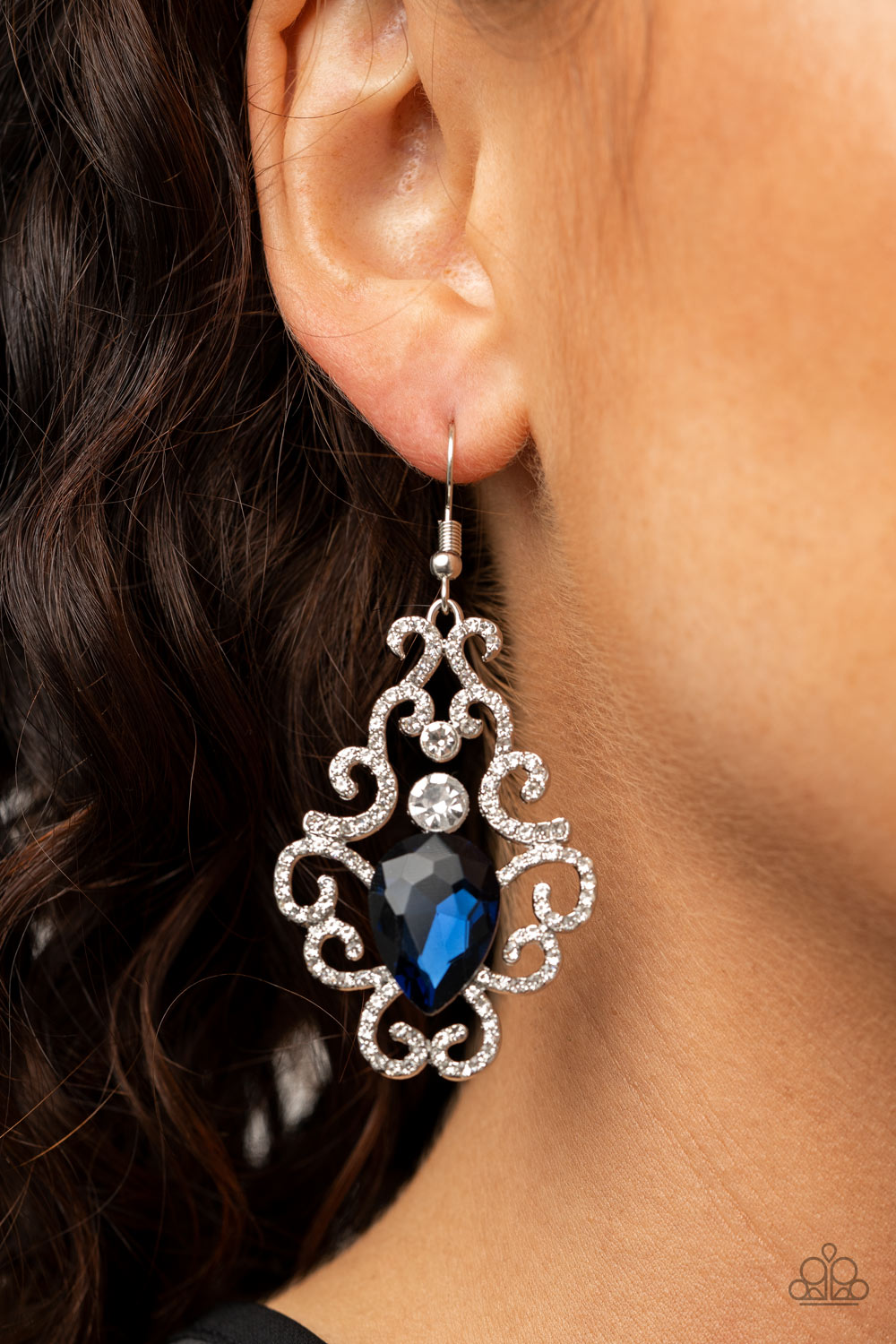 HAPPILY EVER AFTERGLOW - BLUE SAPPHIRE RHINESTONE TEARDROP CLEAR RHINESTONES FILIGREE FRAME PENDANT EARRINGS