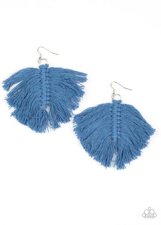 MACRAME MAMBA - BLUE KNOTTED THREAD TASSEL DENIM BLUE FRINGE EARRINGS
