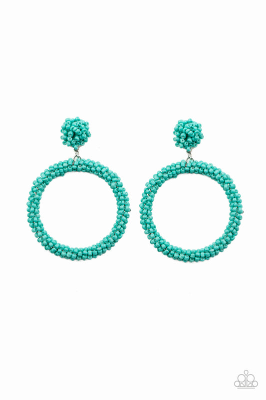 BE ALL YOU CAN BEAD - BLUE AQUA SEEDBEAD POST CIRCLE HOOP EARRINGS