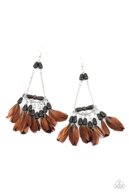 HAUTE HAWK - BLACK BEADS BROWN FEATHERS CHAIN EARRINGS