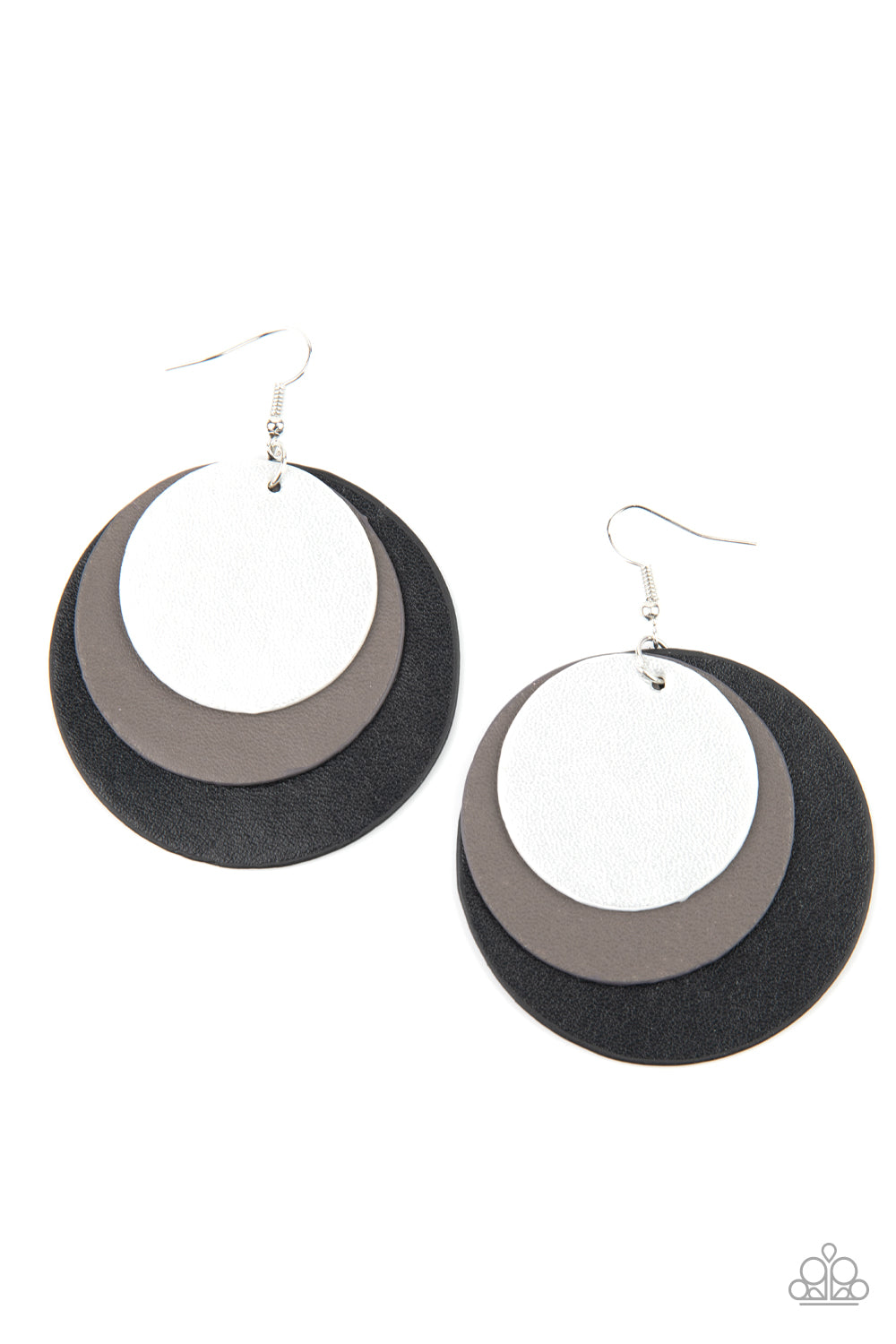 LEATHER FORECAST - BLACK GRAY SILVER OVERLAPPING LEATHER DISCS EARRINGS