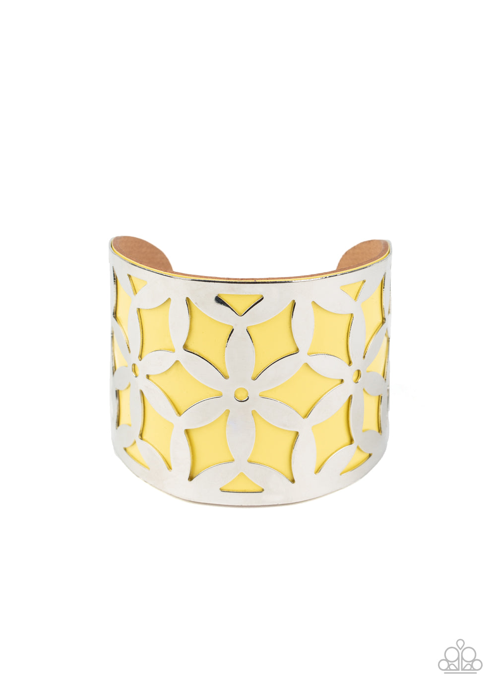 GARDEN FIESTA - YELLOW AND SILVER FLORAL OVERLAY CUFF BRACELET