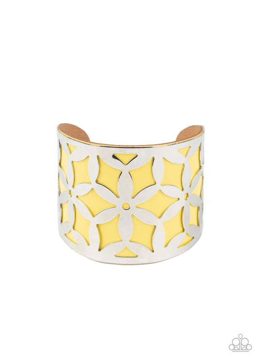 GARDEN FIESTA - YELLOW AND SILVER FLORAL OVERLAY CUFF BRACELET
