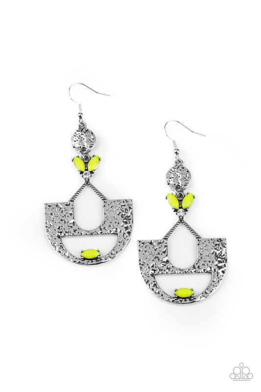MODERN DAY MECCA - YELLOW NEON BEADS TEXTURED SILVER EARRINGS