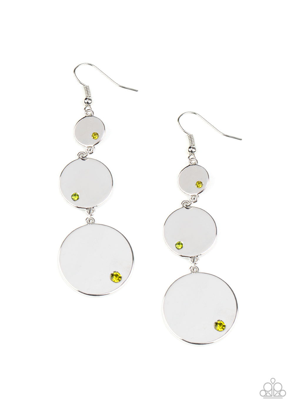 POSHLY POLISHED - GREEN PERIDOT RHINESTONES 3 GRADUATING SILVER POLISHED CIRCLES EARRINGS