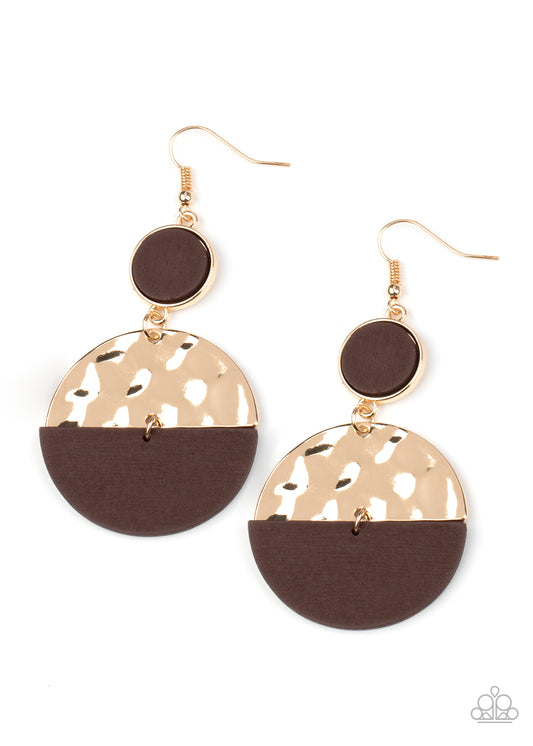 NATURAL ELEMENT - GOLD TEXTURED DISC BROWN WOODEN HALF CIRCLE POST EARRINGS