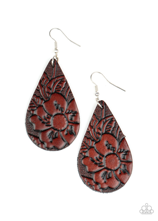 BEACH GARDEN - BROWN LEATHER FLOWER FLORAL TEARDROP EARRINGS