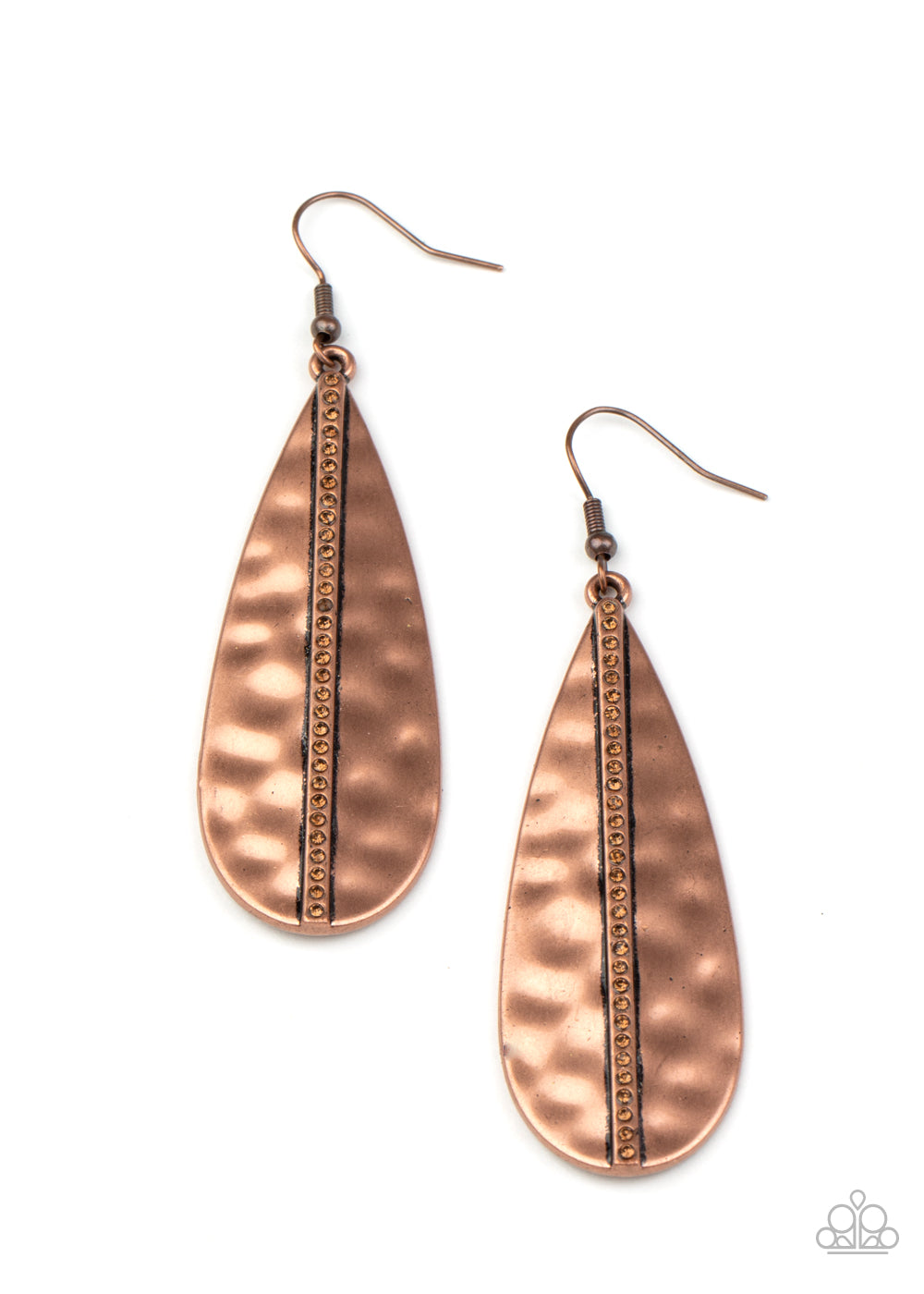 ON THE UP AND UPSCALE - COPPER TOPAZ RHINESTONES HAMMERED TEARDROP EARRINGS