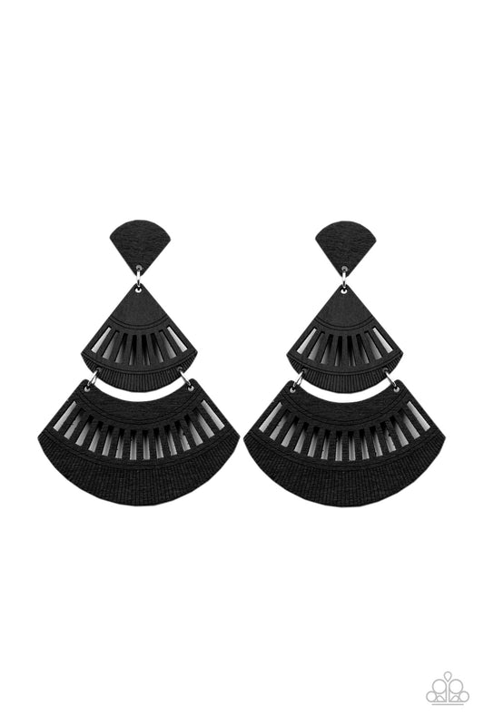 ORIENTAL OASIS - BLACK WOODEN CUTOUT DOUBLE FAN POST EARRINGS