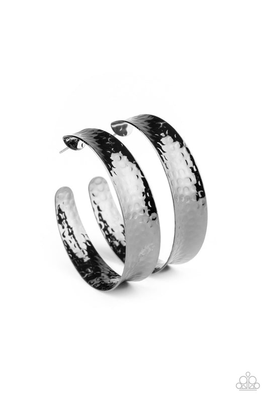 FEARLESSLY FLARED - BLACK TEXTURED HAMMERED GUNMETAL LARGE HOOP EARRINGS