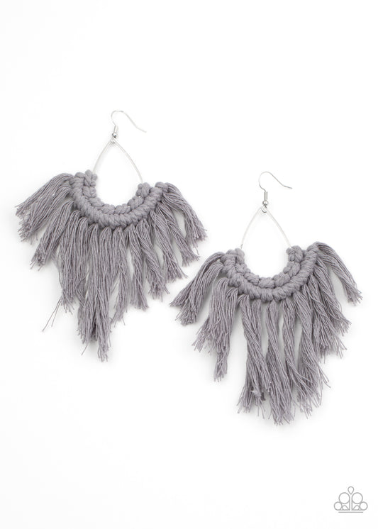 WANNA PIECE OF MACRAME? - SILVER WIRE GRAY THREAD KNOTTED FRINGE EARRINGS
