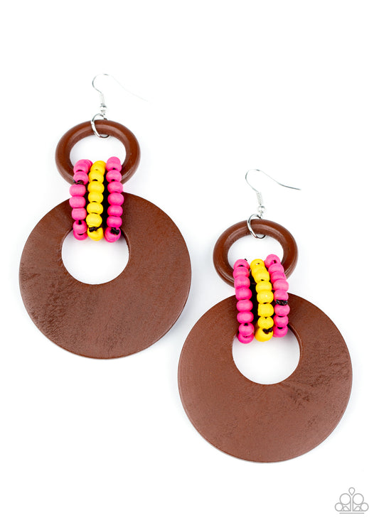 BEACH DAY DRAMA - MULTI HOT PINK YELLOW BROWN WOODEN CIRCLE HOOP EARRINGS