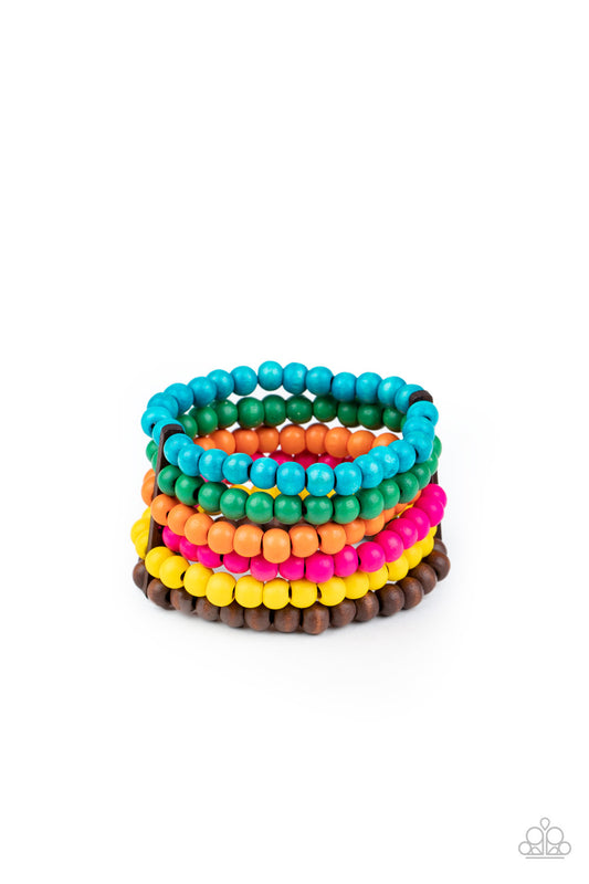 DIVING IN MALDIVES - MULTI BLUE YELLOW GREEN ORANGE BROWN WOODEN SEED BEADS STRETCH BRACELET