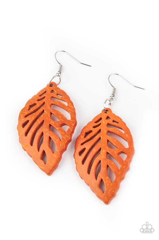 LEAF EM HANGING - ORANGE WOODEN LEAF CUTOUT PENDANT EARRINGS
