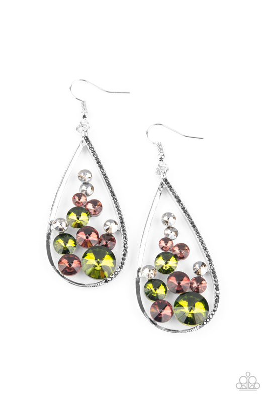 TEMPEST TWINKLE - MULTI GREEN PURPLE SMOKY RIVOLI RHINESTONES SILVER TEARDROP EARRINGS