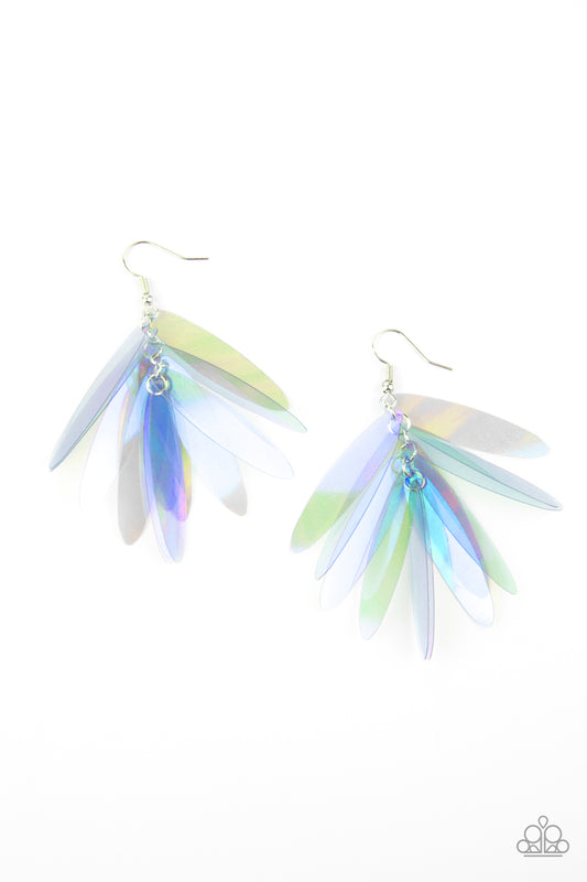 HOLOGRAPHIC GLAMOUR - BLUE IRDESCENT DRAGONFLY WINGS CLUSTER EARRINGS