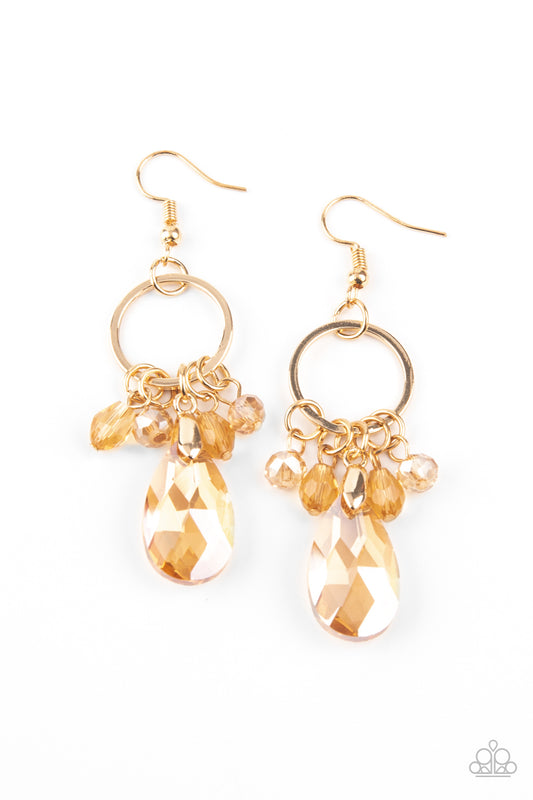 UNAPOLOGETIC GLOW - GOLD IRIDESCENT TEARDROP CRYSTAL BEADS HOOP EARRINGS