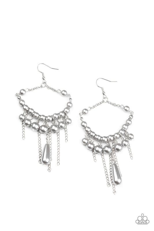 PARTY PLANNER POSH - SILVER GRAY PEARLS CHAIN FRINGE EARRINGS