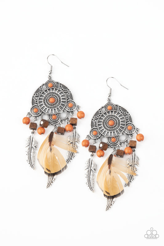 DESERT PLAINS - ORANGE STONE WOODEN BEADS FEATHERS CIRCLE BOHEMIAN STYLE TRIBAL EARRINGS