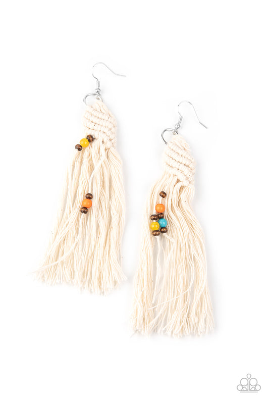 BEACH BASH - MULTI WOODEN BEADS MACRAME THREAD FRINGE EARRINGS