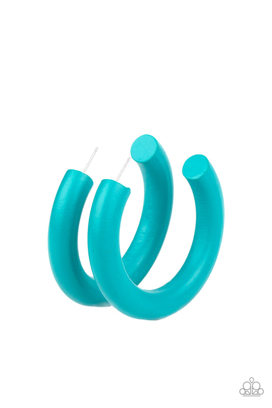 I WOOD WALK 500 MILES - BLUE AQUA TURQUOISE WOODEN HOOP EARRINGS