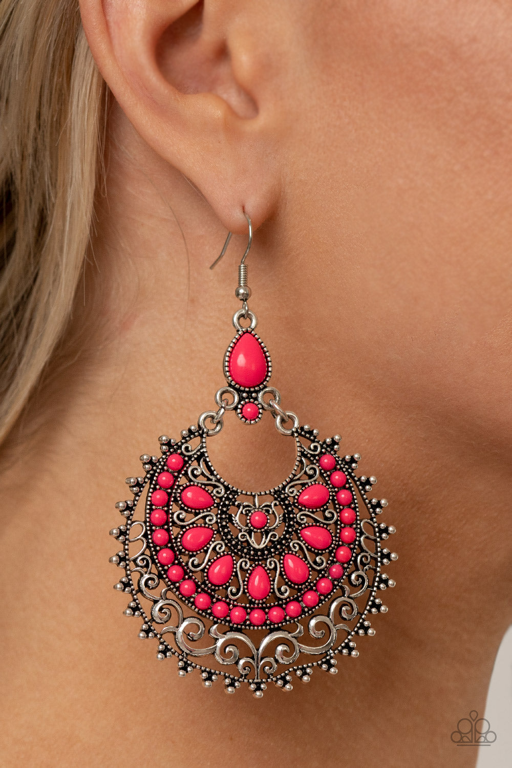 LAGUNA LEISURE - PINK BEADED FILIGREE PENANT EARRINGS