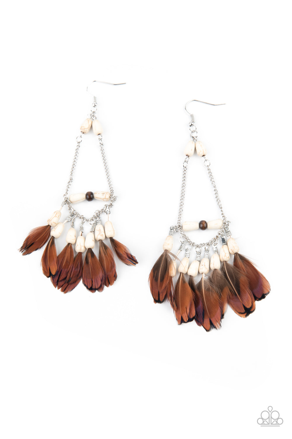 HAUTE HAWK - WHITE CRACKLE BEADS BROWN FEATHER FRINGE EARRINGS