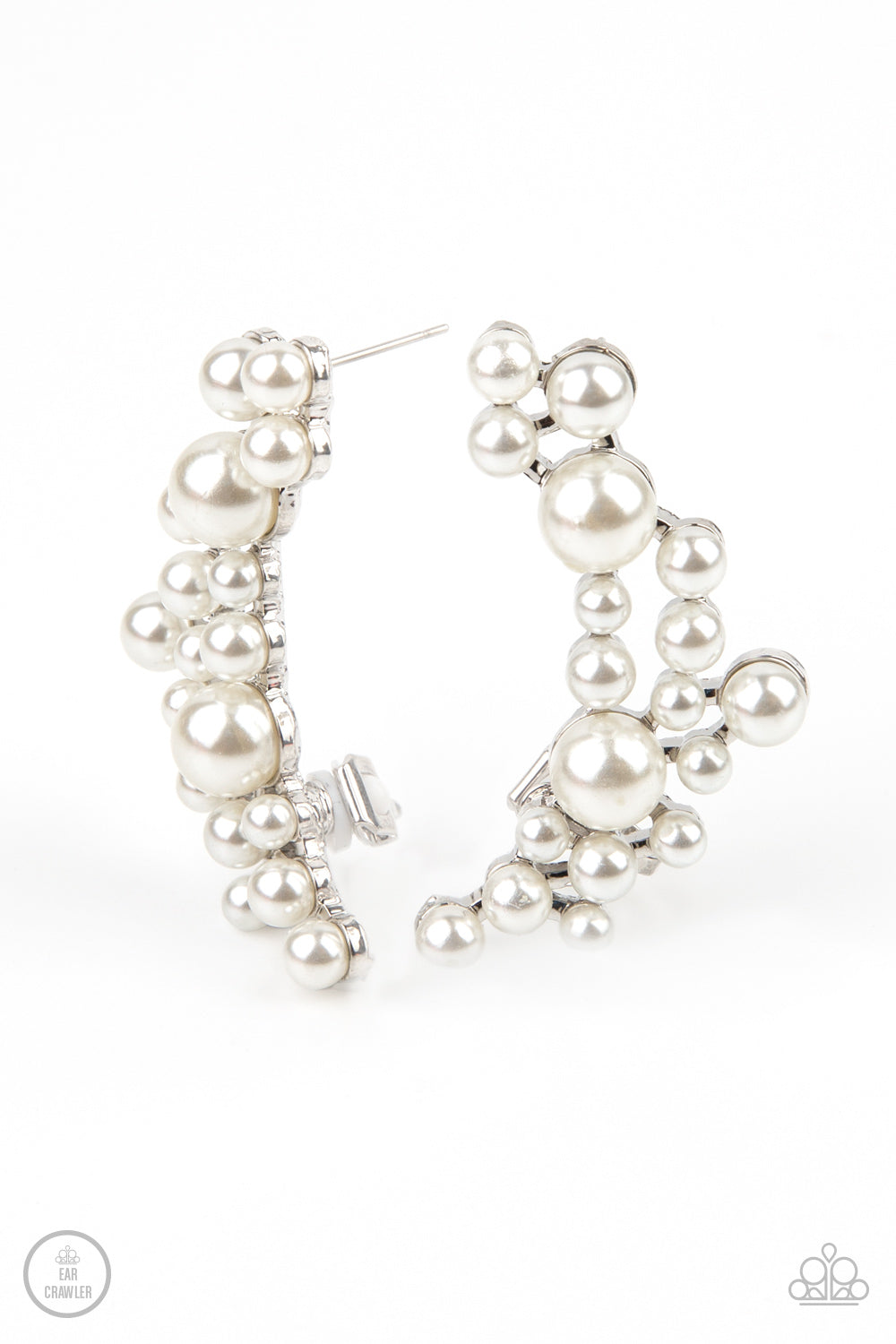 METRO MAKEOVER - WHITE PEARLS SILVER CRESCENT EAR CRAWLER EARRINGS