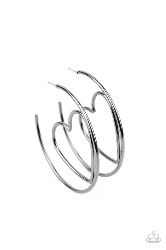 LOVE AT FIRST BRIGHT - BLACK GUNMETAL HEART HOOP EARRINGS
