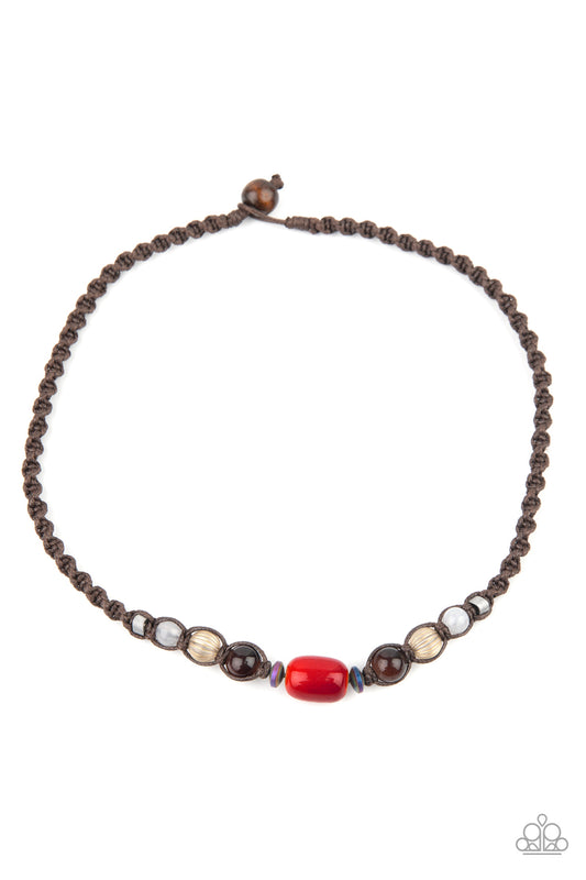 PUT UP A BEACHFRONT - RED BEAD BROWN CORDED IRIDESCENT OIL SPILL MENS UNISEX BEACHY NECKLACE