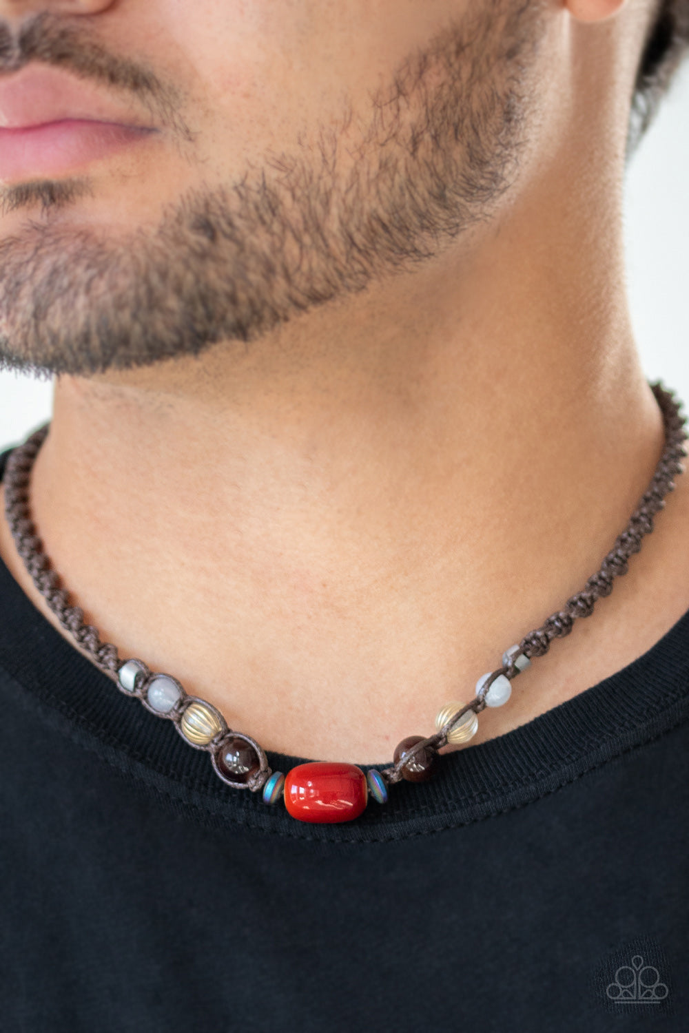 PUT UP A BEACHFRONT - RED BEAD BROWN CORDED IRIDESCENT OIL SPILL MENS UNISEX BEACHY NECKLACE