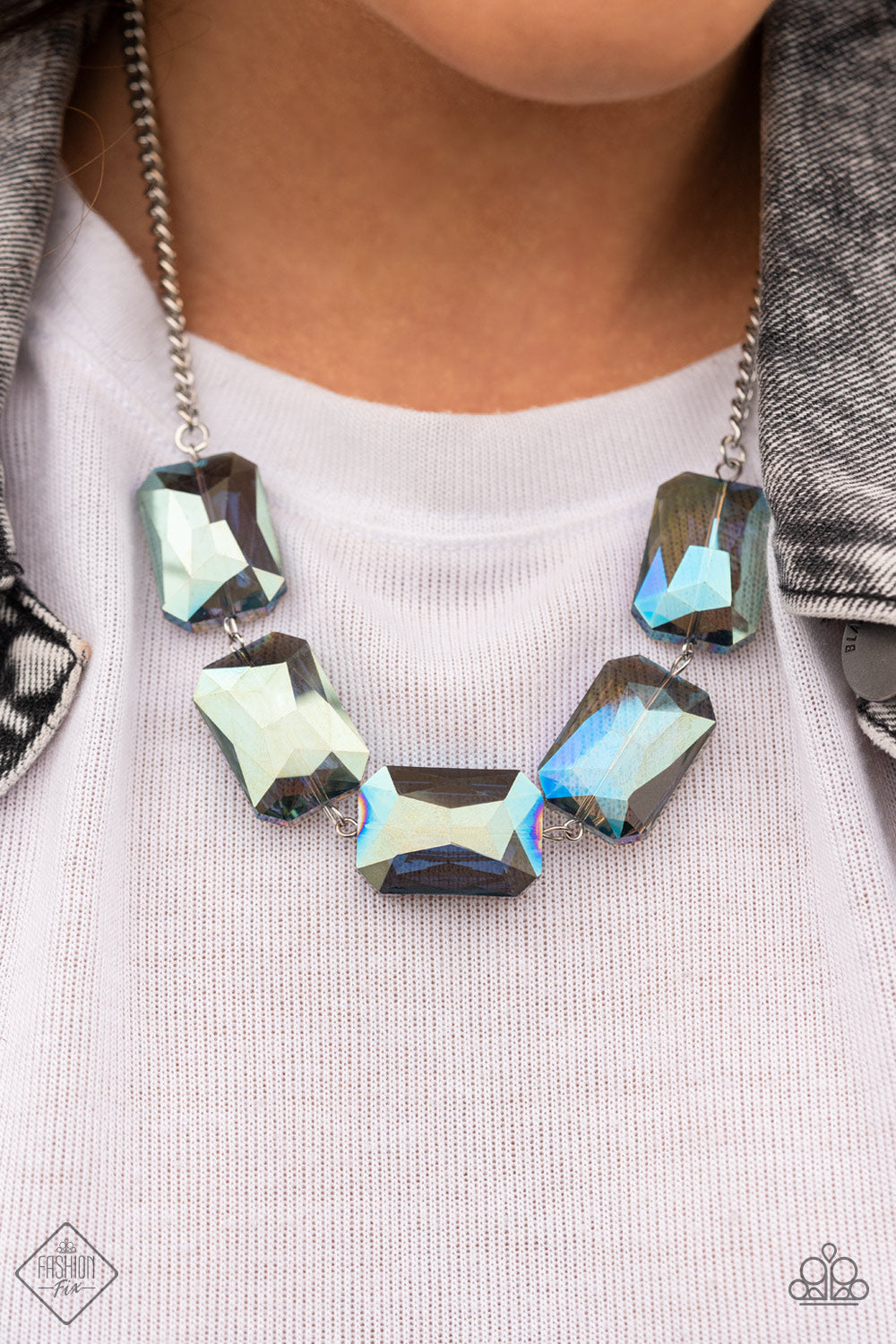 HEARD IT ON THE HEIR-WAVES - BLUE IRIDESCENT OIL SPILL FASHION FIX NECKLACE
