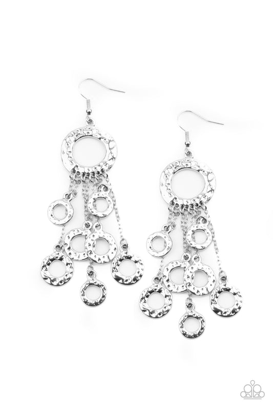 RIGHT UNDER YOUR NOISE - SILVER TEXTURED CIRCLES FRINGE EARRINGS