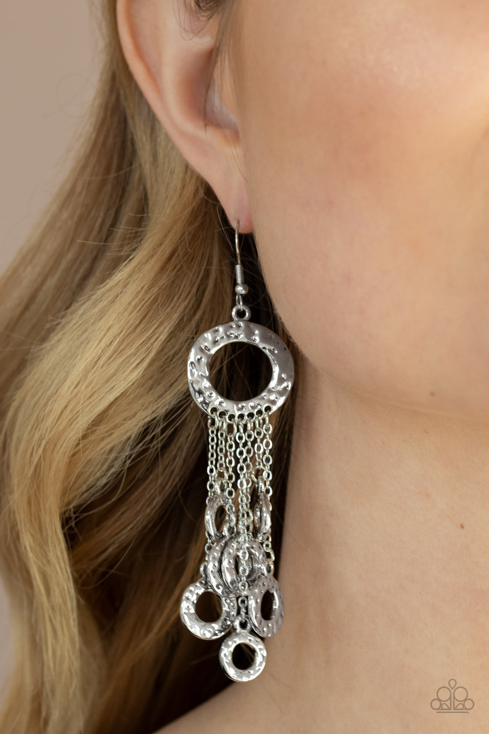 RIGHT UNDER YOUR NOISE - SILVER TEXTURED CIRCLES FRINGE EARRINGS