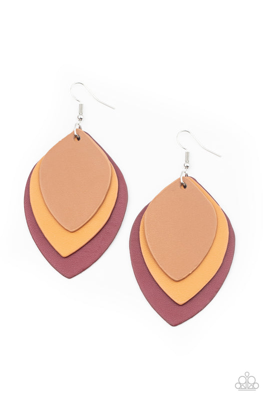 LIGHT AS A LEATHER - RED TAN BROWN 3 LAYER LEATHER LEAF EARRINGS
