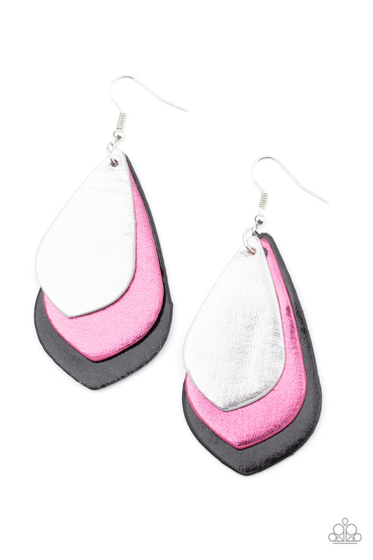 GLISTEN UP! - MULTI SILVER PINK GUNMETAL PEWTER TEARDROP LEATHER OVERLAP EARRINGS