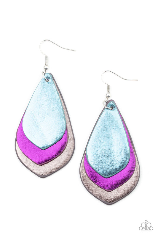GLISTEN UP! - MULTI BLUE HOT PINK SILVER OVERLAPPING TEARDROPS LEATHER EARRINGS