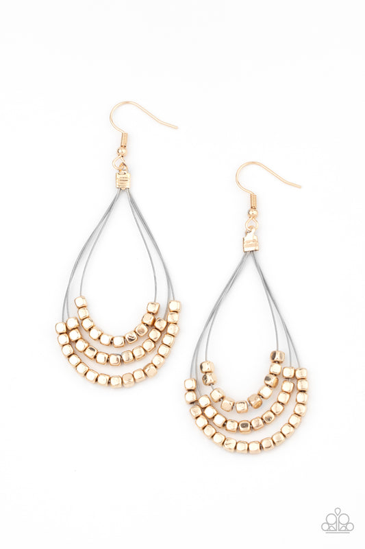 OFF THE BLOCKS SHIMMER - GOLD CUBE BEADS SLIDING SILVER WIRE EARRINGS