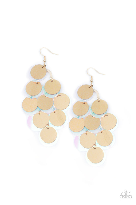 SEQUIN SEEKER - GOLD DISCS IRIDESCENT SEQUINS CHIME CASCADE EARRINGS