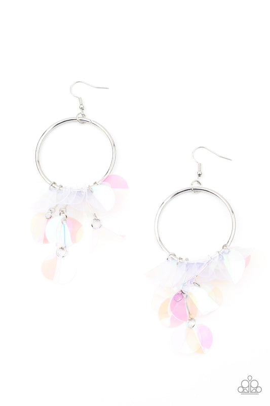 HOLOGRAPHIC HYPE - MULTI IRIDESCENE SEQUINS SILVER HOOP EARRINGS