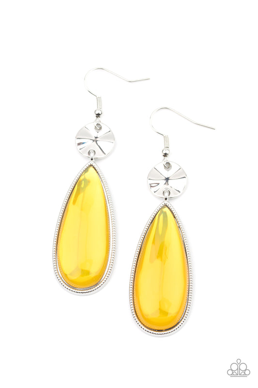 JAW-DROPPING DRAMA - YELLOW OPALESCENT LEMON TRANSLUCENT TEARDROP BEAD PENDANT EARRINGS